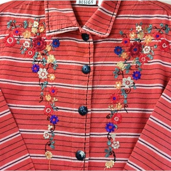 Chico's Design Size 1 Fits Women's M/L Cotton Striped Floral Embroidery Jacket - Picture 5 of 16